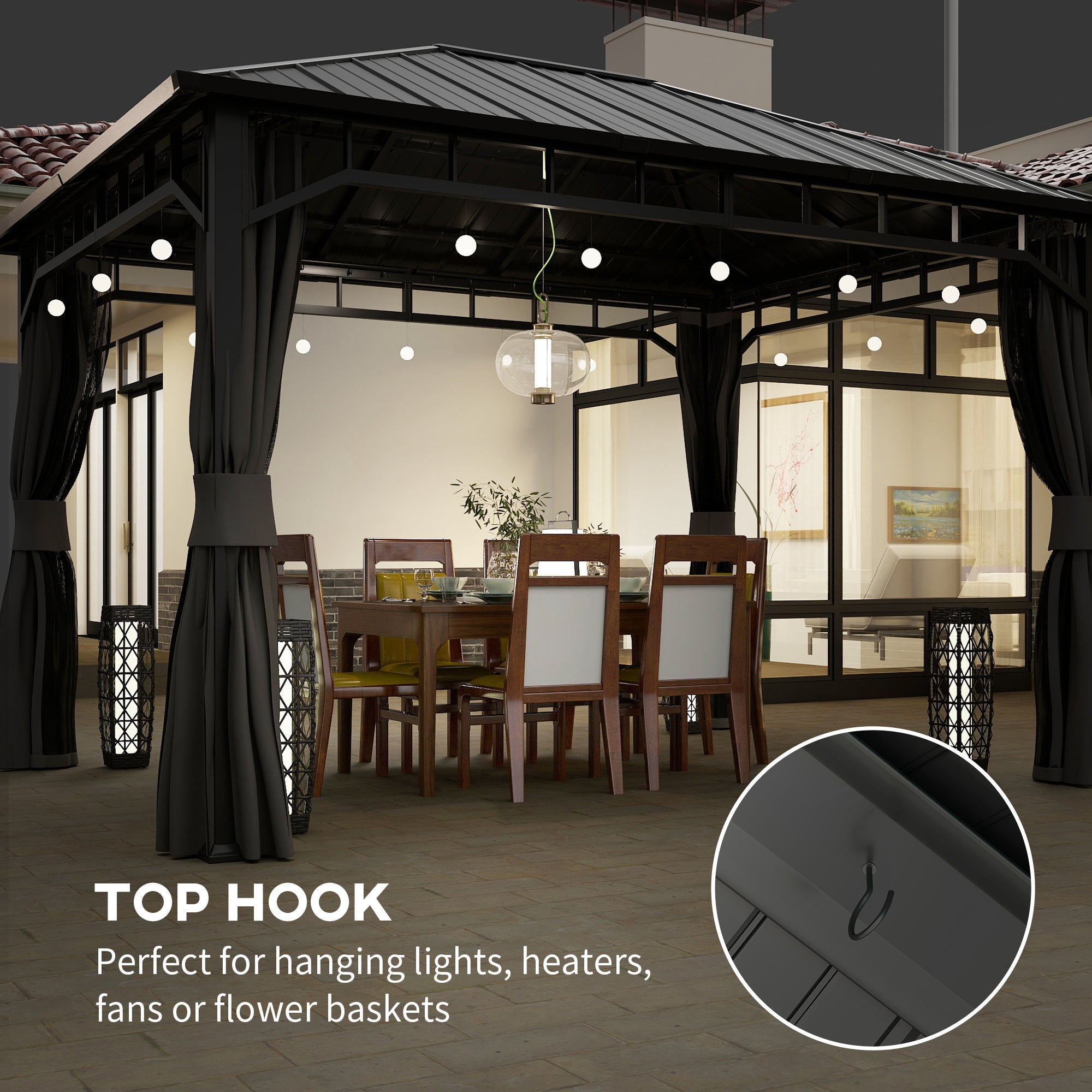 Outsunny 3 x 4m Hardtop Gazebo with Galvanised Steel Roof and Water Gutter, Waterproof Permanent Pavilion Garden Gazebo with Netting and Curtains for Patio, Deck 