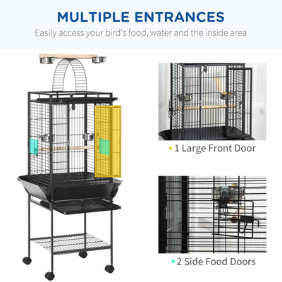 PawHut 156cm Bird Cage,Large Parrot Cage with Open Play Top, Perch, Seed Guard, Wheels, Storage Shelf, Dark Grey 