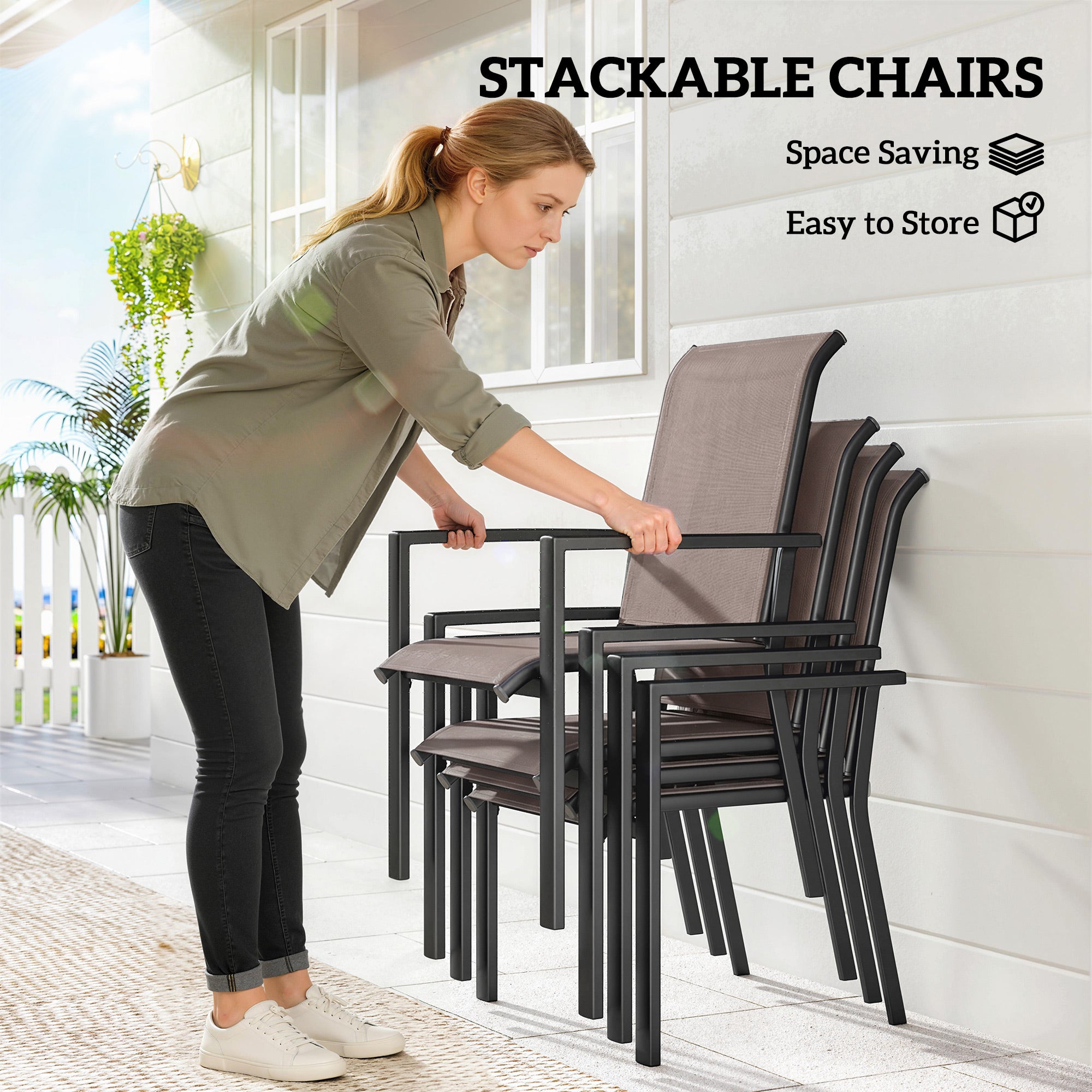 Outsunny 5 Pieces Outdoor Dining Set for 4, Garden Table and Stackable Chairs with Breathable Mesh Seat, Grey and Khaki 