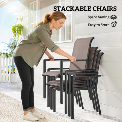 Outsunny 5 Pieces Outdoor Dining Set for 4, Garden Table and Stackable Chairs with Breathable Mesh Seat, Grey and Khaki 