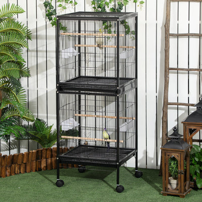 PawHut Bird Cage Budgie Cage 2 In 1 Large Aviary with Wheels Removable Trays for Finch Canaries Cockatiels Black 