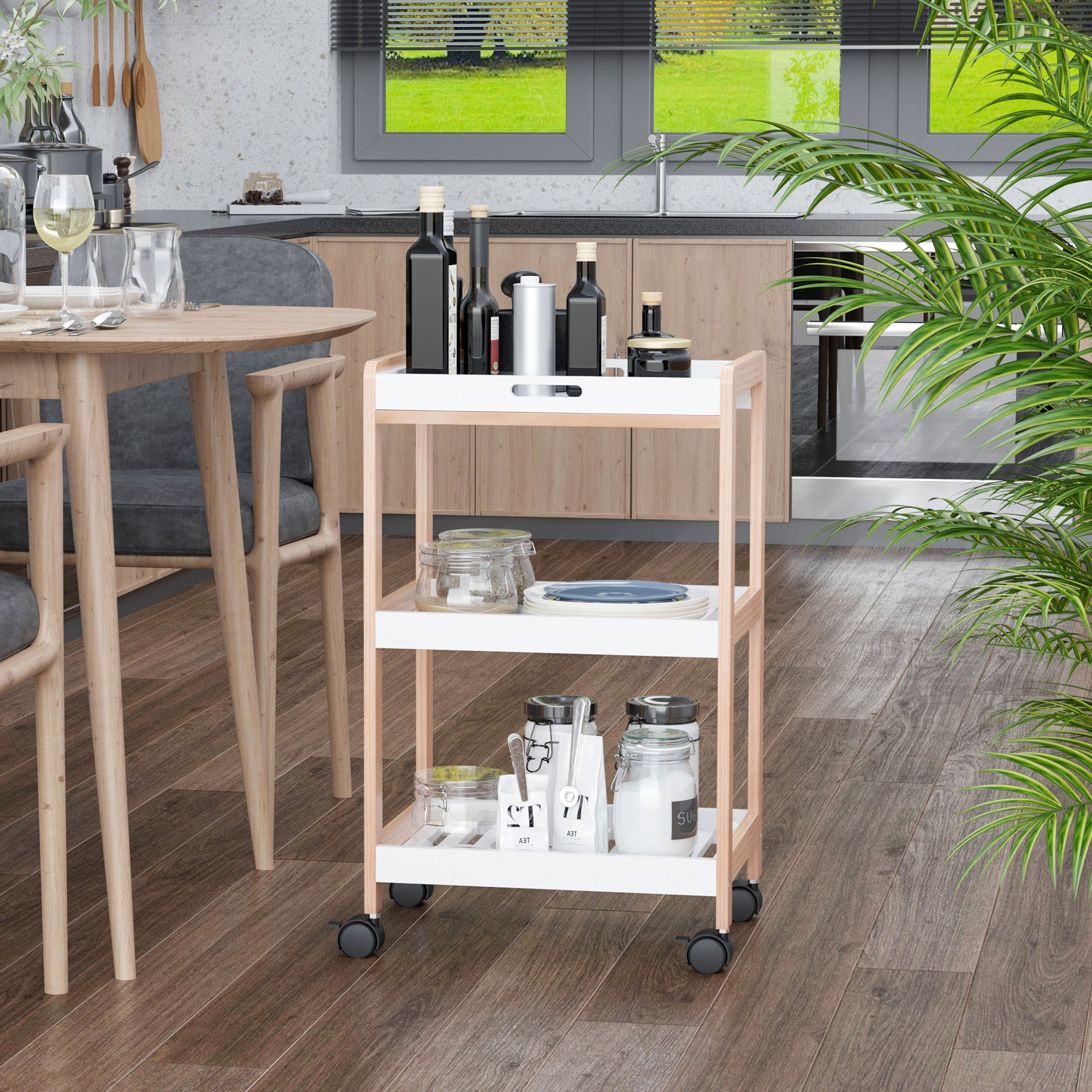 HOMCOM 3-Tier Mobile Kitchen Trolley Cart Storage Shelves Rack Rolling Wheels White 46 x 35 x 74.5 cm 