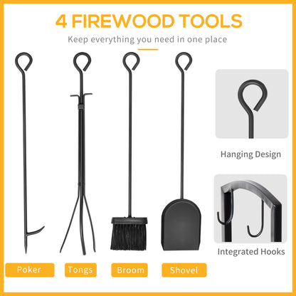 Outsunny Metal Firewood Log Holder 2 Layer Firewood Rack Indoor Outdoor Fireplace Wood Storage Shelf with 4 Tools and Hooks, Black, 40L x 30W x 74.5H cm 
