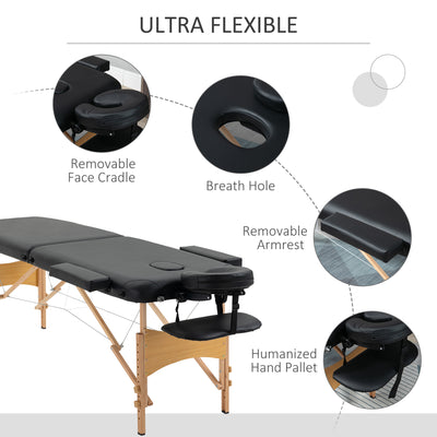 HOMCOM Portable Massage Bed, Folding Spa Beauty Massage Table with 2 Sections, Carry Bag and Wooden Frame, Black 