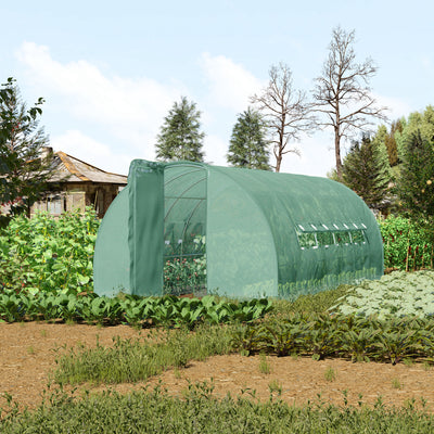 Outsunny Large Polytunnel Walk In Greenhouse, Plant Gardening Tunnel Green House with Metal Hinged Door, Galvanised Steel Frame & Mesh Windows, Green (3 x 6 m) 