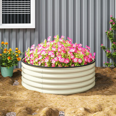 Outsunny Galvanised Raised Garden Bed with Safety Edging, Outdoor Raised Planter Box with Gloves, 120 x 120 x 43cm, Cream White 