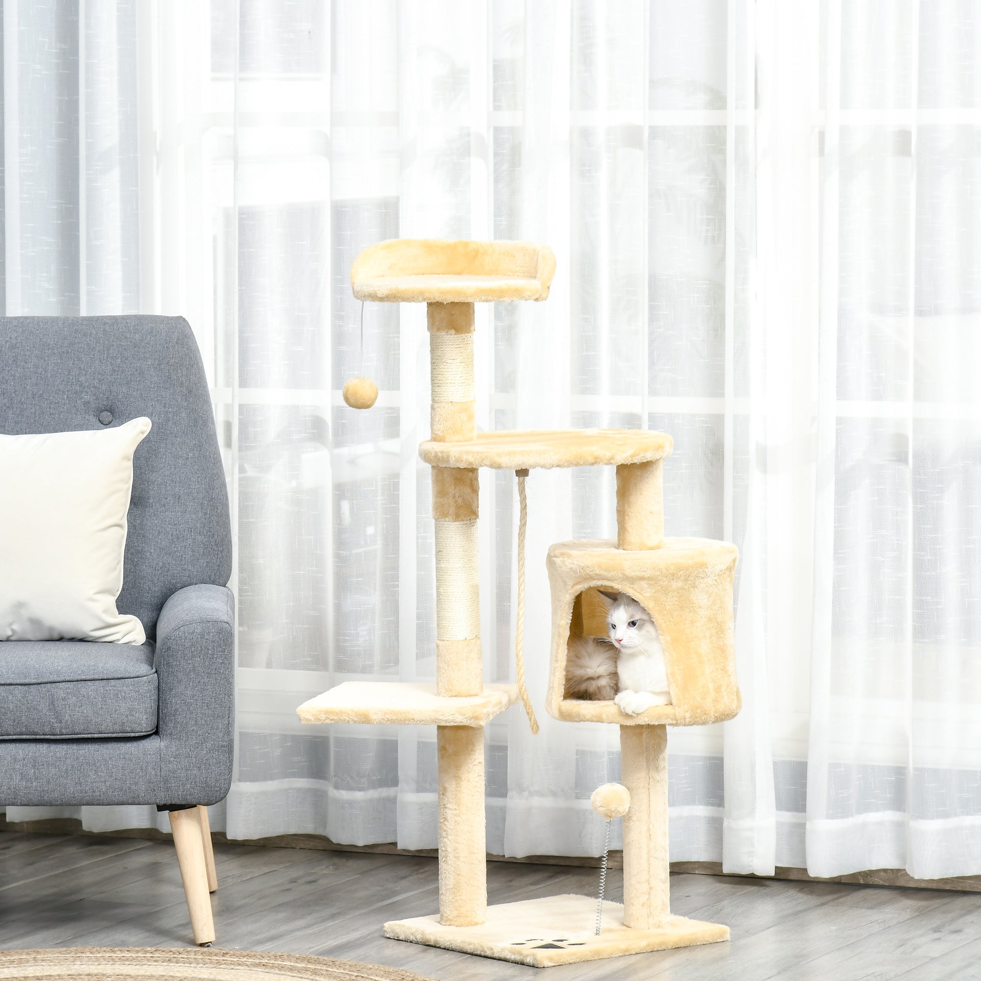 PawHut Cat Tree for Indoor Cats Pet Activity Centre Kitty Condo Climbing Scratching Post with Toys 4-tier 114cm Tall Beige 
