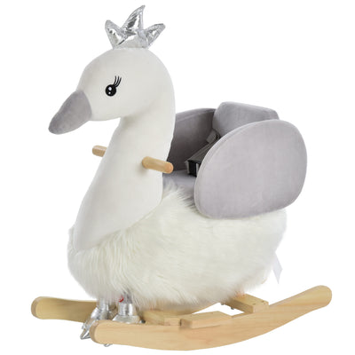 HOMCOM Kids Children Rocking Horse Plush Ride On Swan w/ Sound Wood Base Seat Safety Belt Toddler Baby Toy Rocker 18 - 36 Months 
