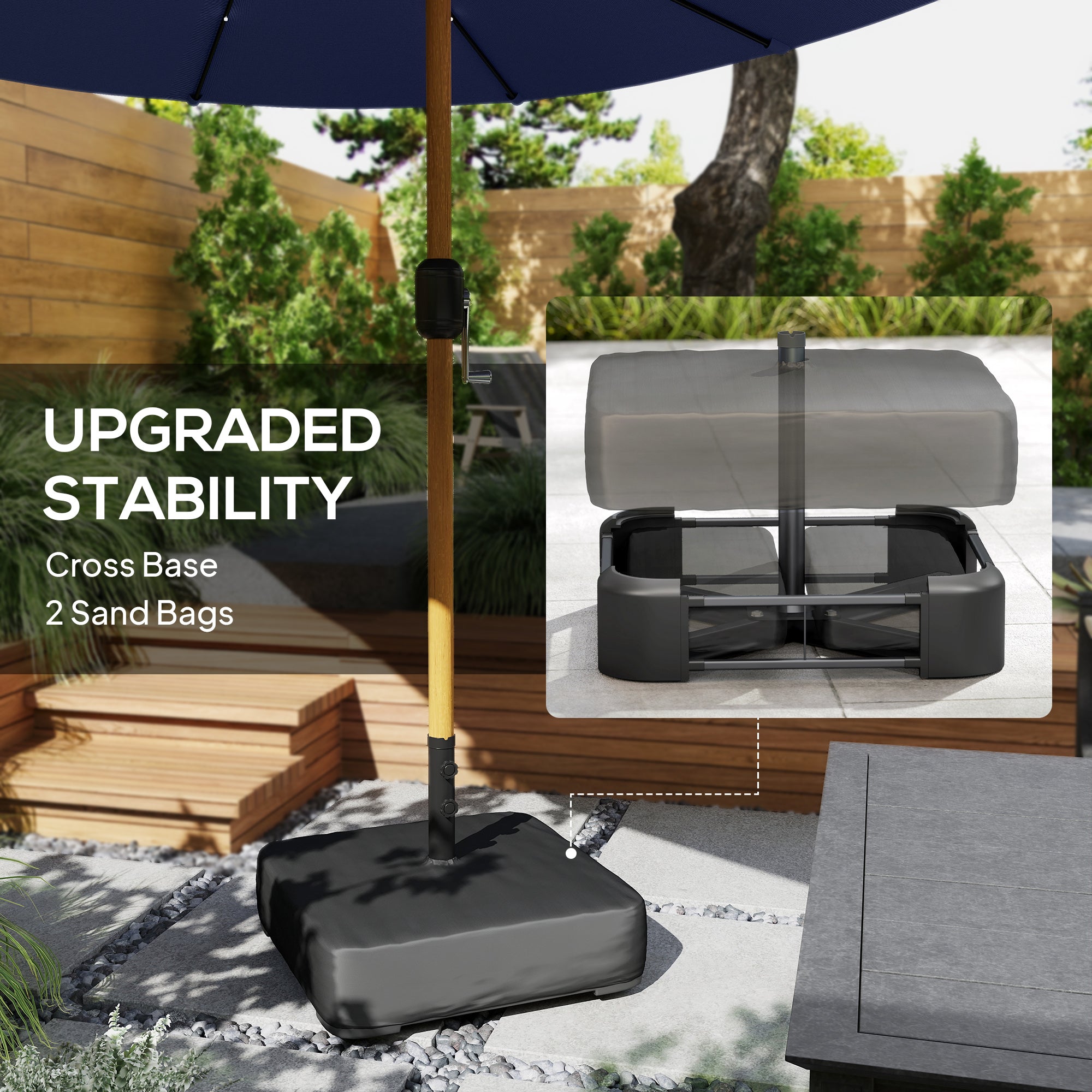 Outsunny Double Sided Garden Parasol with Base Included & 48 Solar LED Lights Patio Umbrella Crank Handle 4.6m Dark Blue 