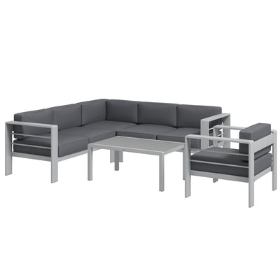 Outsunny Five-Piece Aluminium Garden Sofa Set, with Glass-Top Table - Grey 