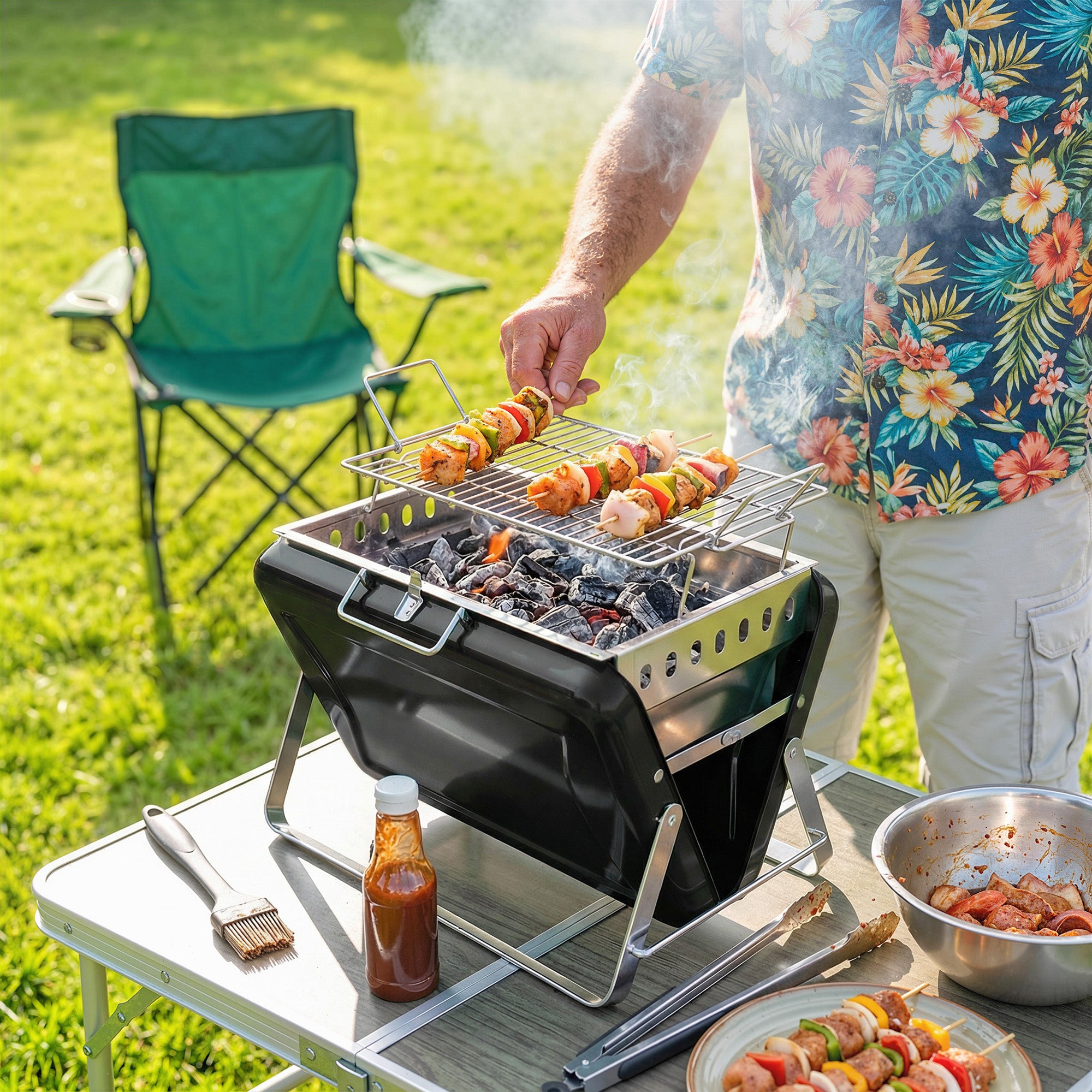 Outsunny Charcoal BBQ Grill Portable Stainless Steel Barbecue with Tilting Grate for Camping Picnic Garden Black 