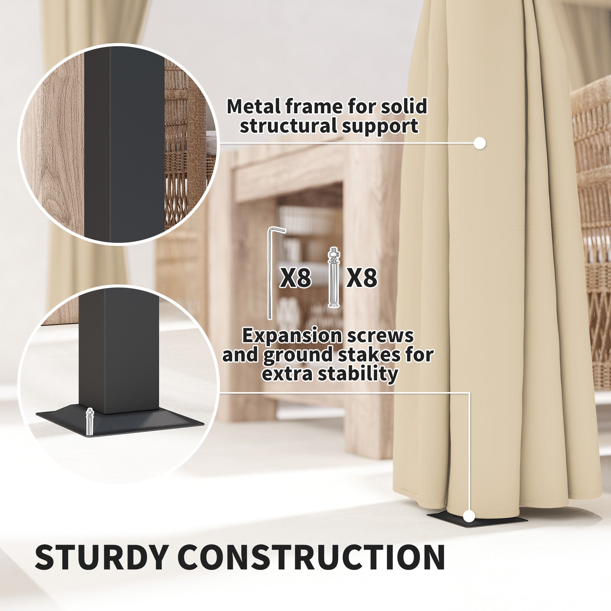 Outsunny 3 x 3m Retractable Roof Pergola, with Curtains - Khaki 