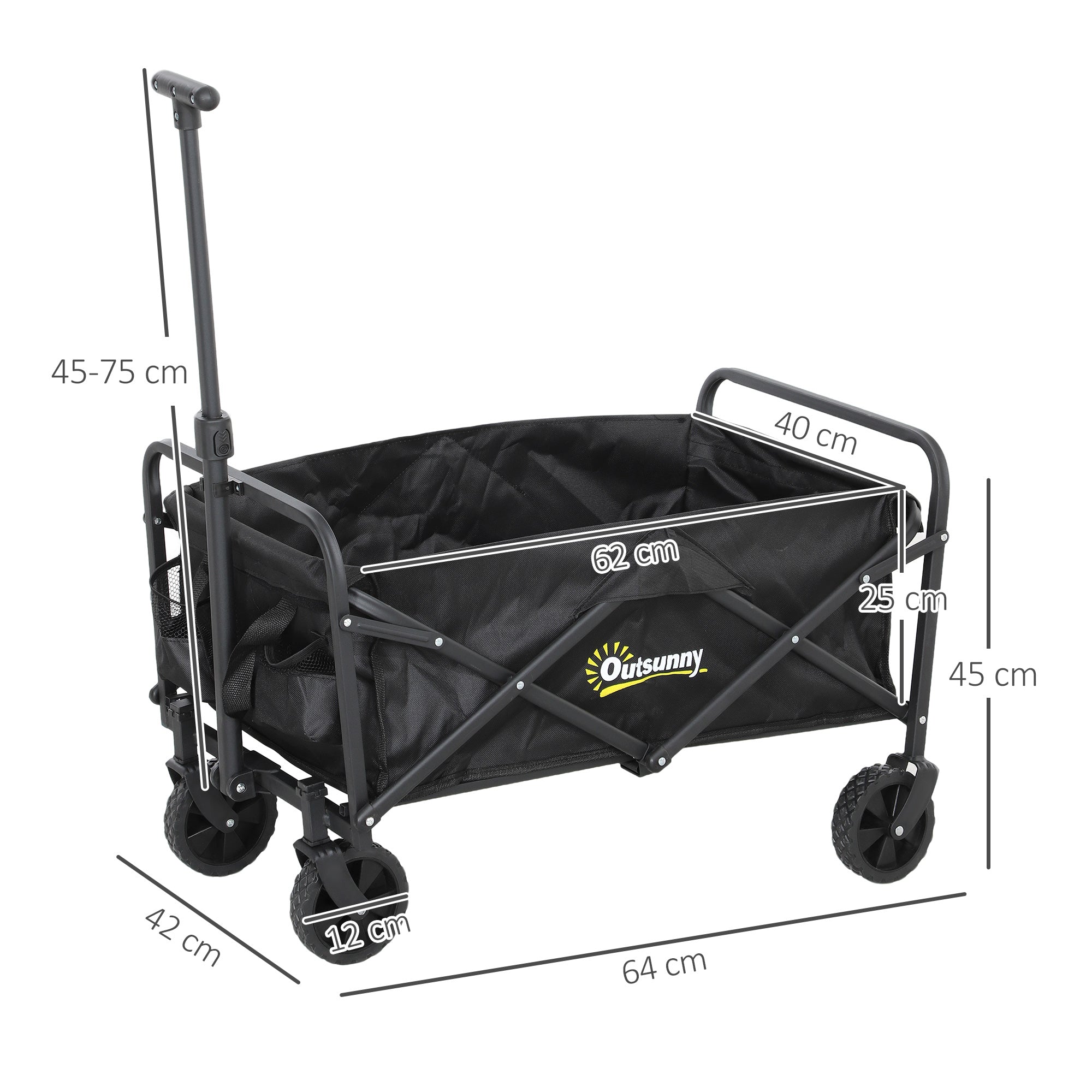 Outsunny 62L Festival Trolley on Wheels, Garden Folding Trolley Cart, 120kg Heavy Duty Collapsible Folding Wagon with Adjustable Handle and Carrying Bag for Beach, Camping, Festival, Black 