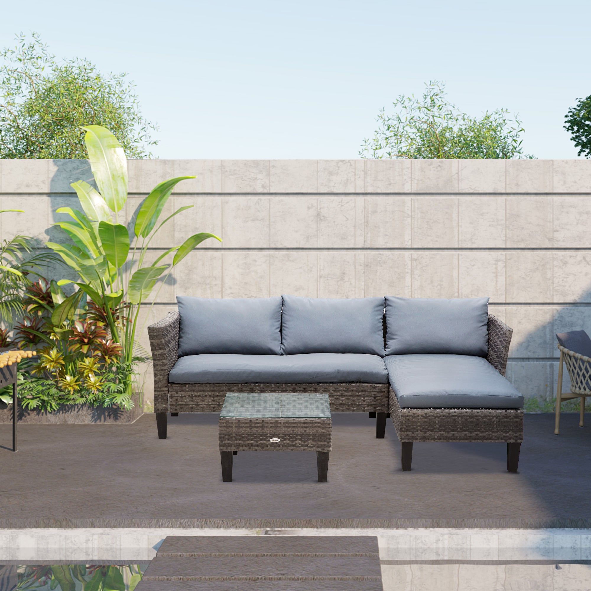 Outsunny 3 Pcs Garden Sofa PE Rattan Set w/ 2 Seats Square Glass Top Coffee Table Thick Cushions Solid Legs Metal Frame Patio Outdoor Balcony Patio L Corner Shape - Grey 