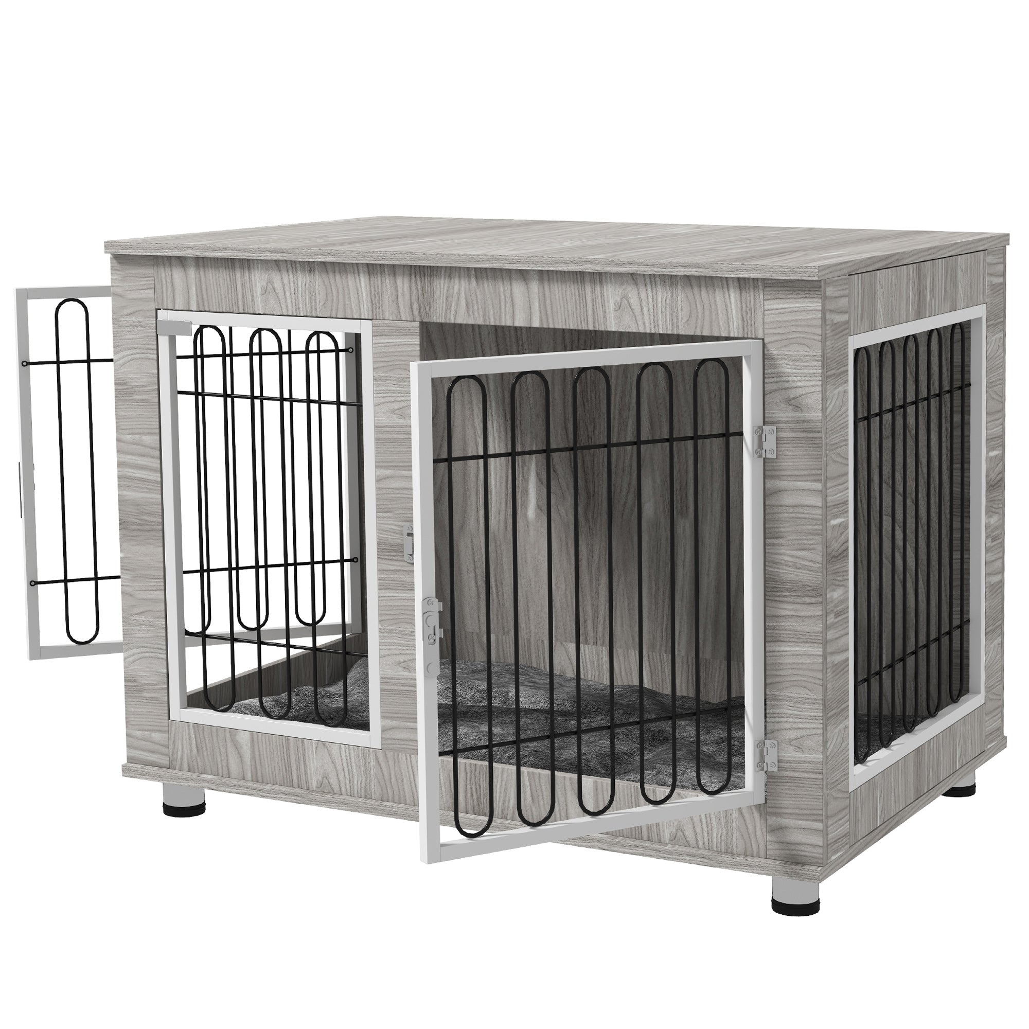 PawHut Indoor Dog Kennel w/ Soft Cushion, Double Door for Large Dogs, 106 x 74 x 81.5cm, Grey 