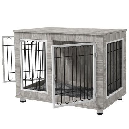 PawHut Indoor Dog Kennel w/ Soft Cushion, Double Door for Large Dogs, 106 x 74 x 81.5cm, Grey 