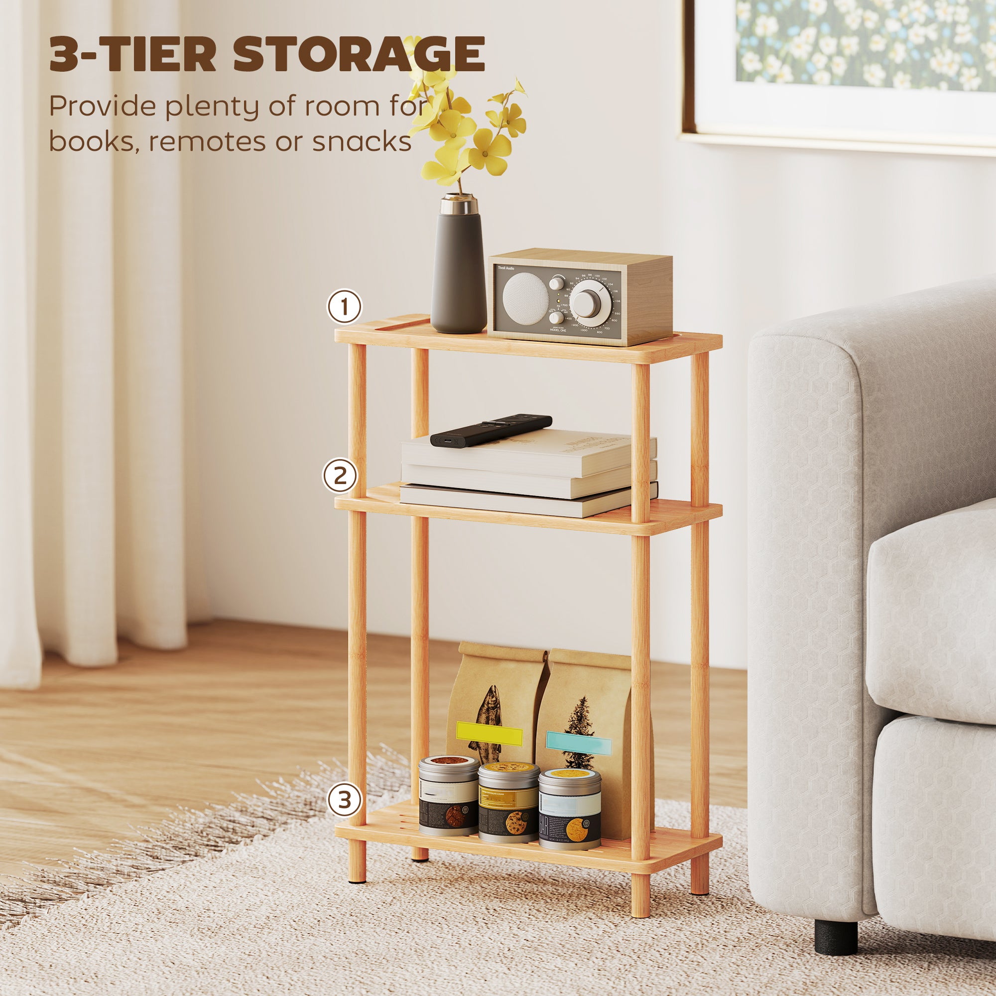 HOMCOM Bamboo Side Table, 3-Tier Slim End Table, Nordic Style, for Living Room, Bedroom, Office, Tool-Free Assembly, Natural Wood Finish 