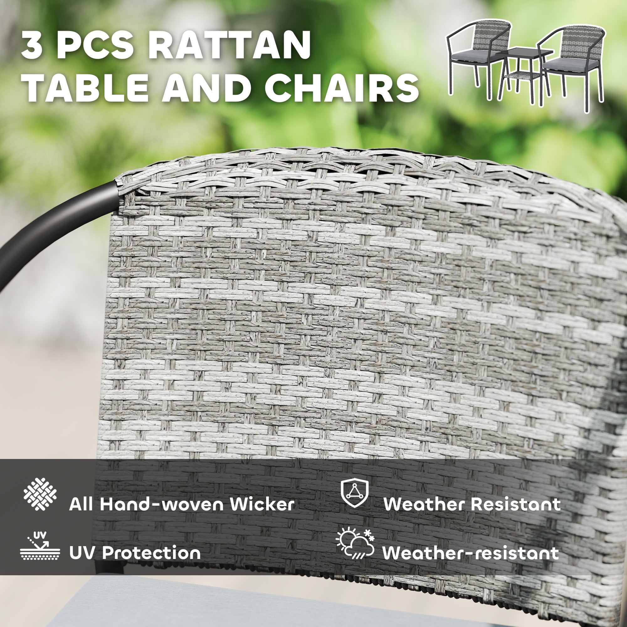 Outsunny 3 Pieces Rattan Bistro Set with Cushions, Wicker Garden Furniture Set, Glass Top Coffee Table and Chairs for Outdoor Patio, Balcony, Terrace and Conservatory, Grey 