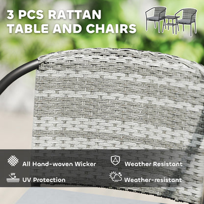 Outsunny 3 Pieces Rattan Bistro Set with Cushions, Wicker Garden Furniture Set, Glass Top Coffee Table and Chairs for Outdoor Patio, Balcony, Terrace and Conservatory, Grey 
