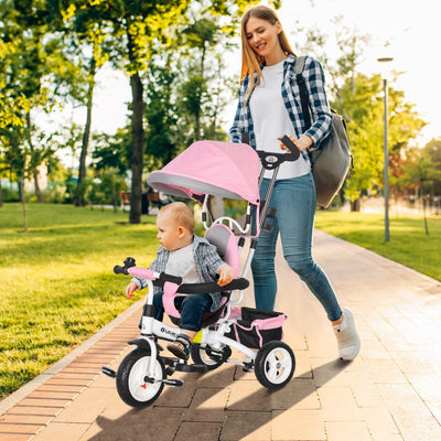 HOMCOM 6 in 1 Kids Trike Push Bike w/ Push Handle, Canopy, 5-point Safety Belt, Storage, Footrest, Brake, for 1-5 Years, Pink 