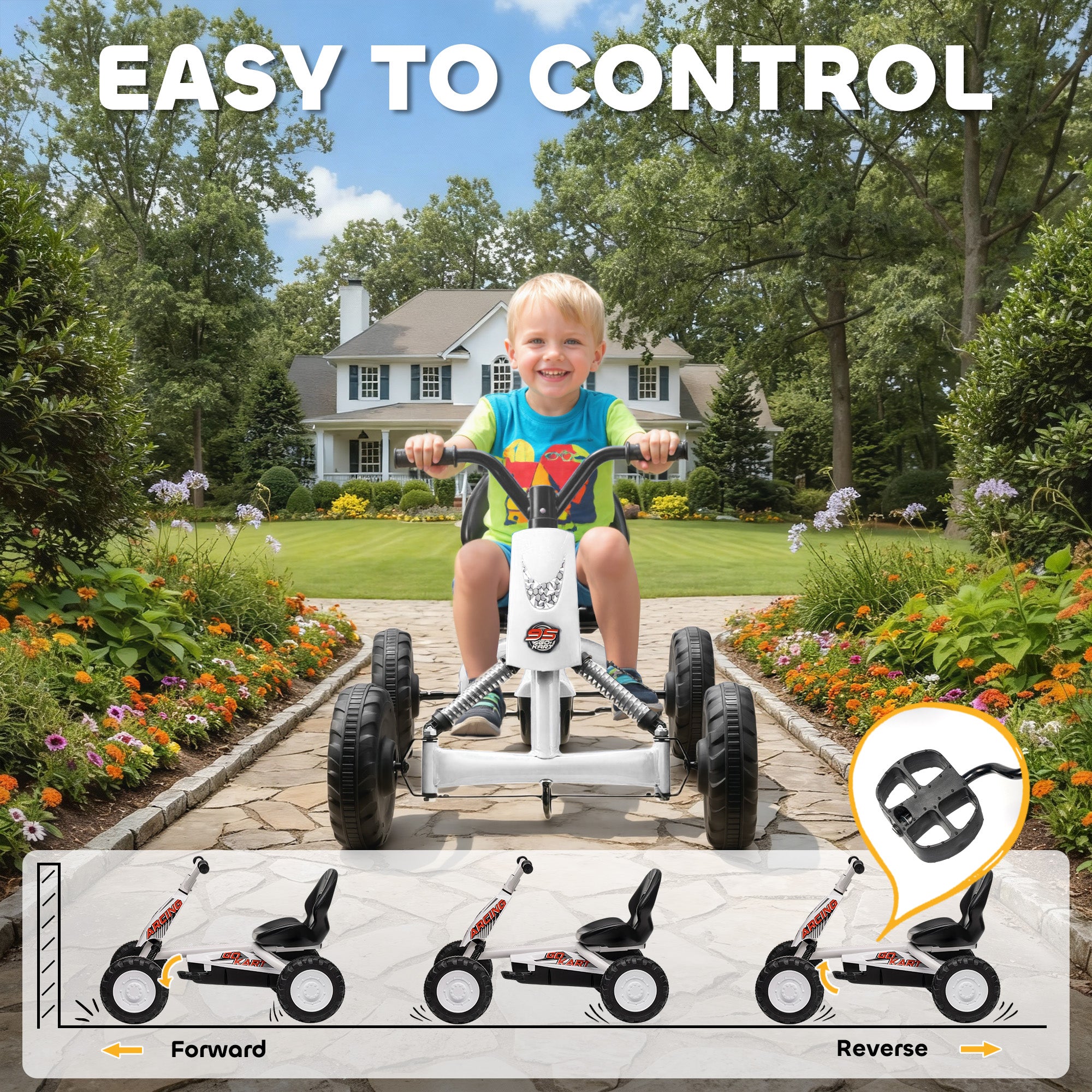 AIYAPLAY Kids Pedal Go Kart with Steel Frame, Sporty Design, for Ages 2-5 Years, White 