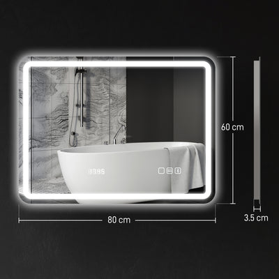 HOMCOM 60 x 80 cm Bluetooth LED Bathroom Mirror with Clock Anti-Fog - Silver Tone 