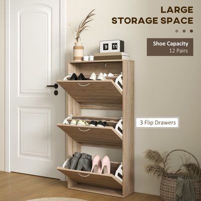 HOMCOM 12-Shoe Flip Drawer Storage Cabinet - Brown Wood-Effect 
