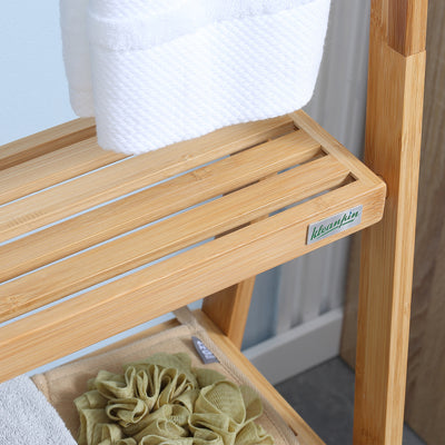 kleankin Freestanding Natural Bamboo Towel Rack with 3 Towel Rails and 3 Storage Shelves, Space-Saving Foldable Towel Holder for Bathroom 