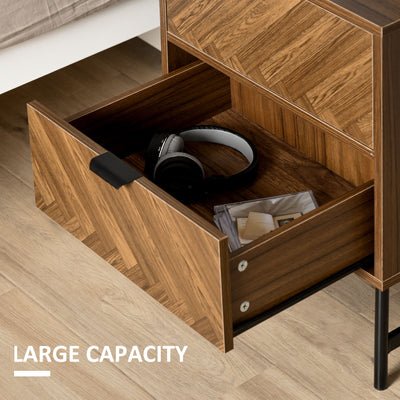 HOMCOM Bedside Table Set of 2 with 2 Drawers, Modern Side Tables with Herringbone Pattern and Metal Legs for Bedroom, Living Room, Walnut Brown 