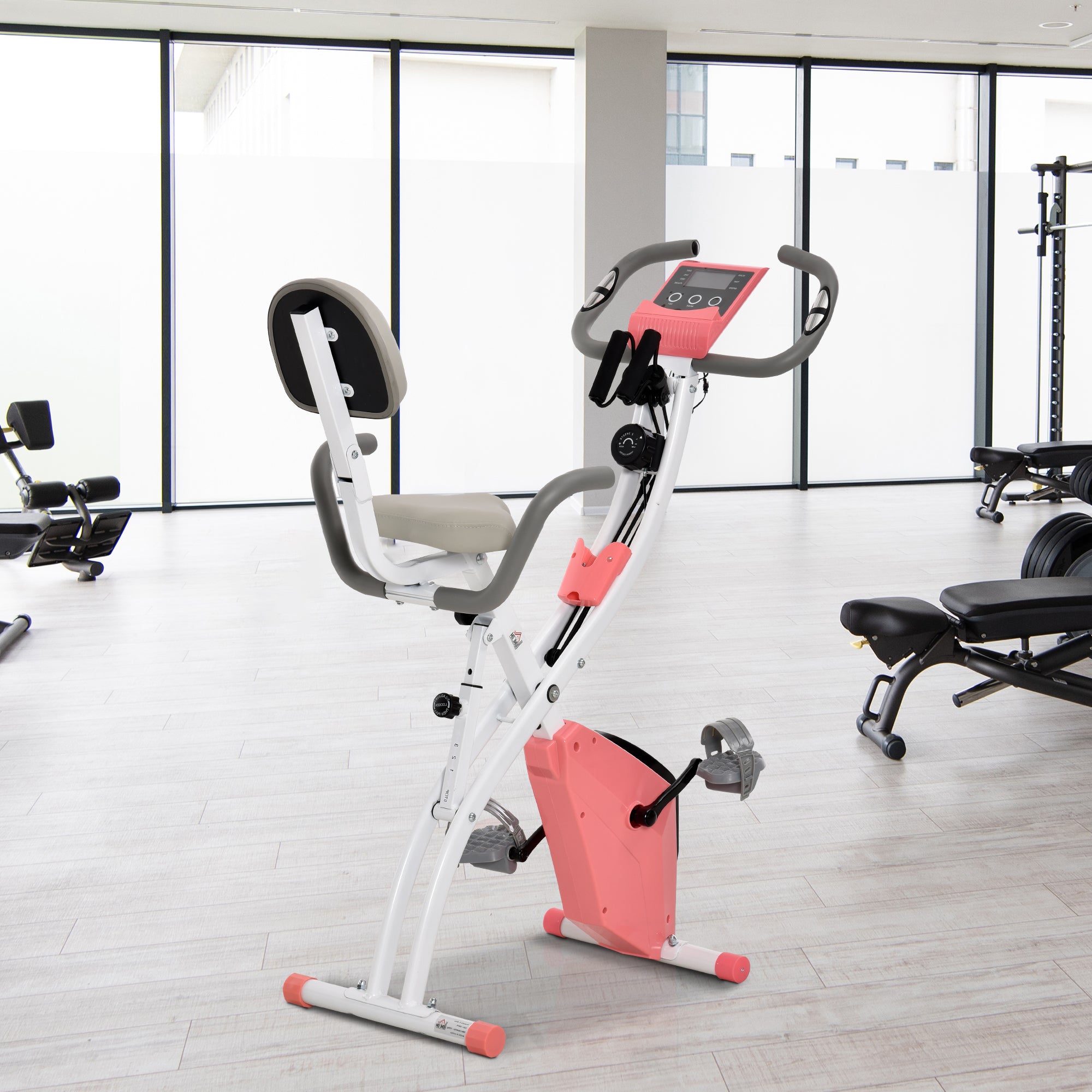 HOMCOM 2-in-1 Folding Exercise Bike with 8-Level Magnetic Resistance, Arm Resistance Band, Pulse Sensor, Pink 