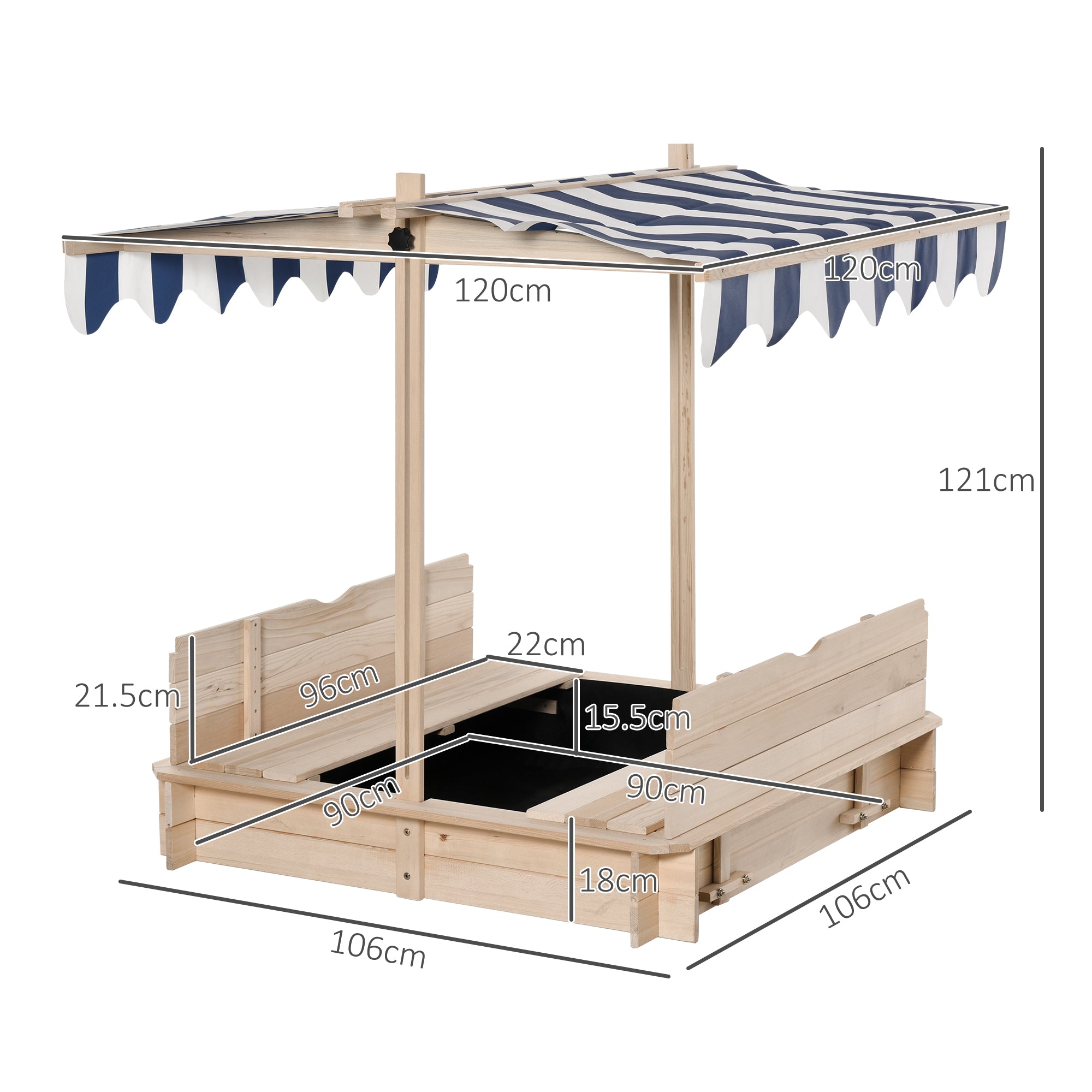 Outsunny Kids Wooden Sand Pit with Lids Children Sandbox Height Adjustable Canopy for Garden, Convertible Bench Seat Outdoor Backyard Playset, Blue and White Canopy 