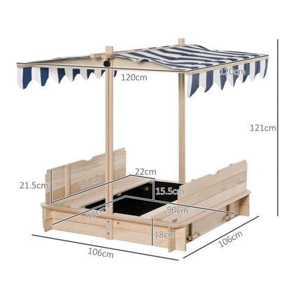 Outsunny Kids Wooden Sand Pit with Lids Children Sandbox Height Adjustable Canopy for Garden, Convertible Bench Seat Outdoor Backyard Playset, Blue and White Canopy 