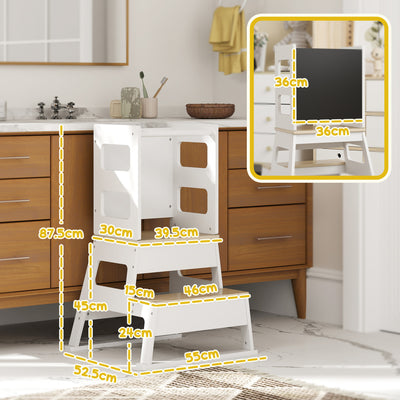 AIYAPLAY 2-in-1 Toddler Tower with Chalkboard, Safety Rail for Kitchen, Counter, Bathroom, Sink, White 