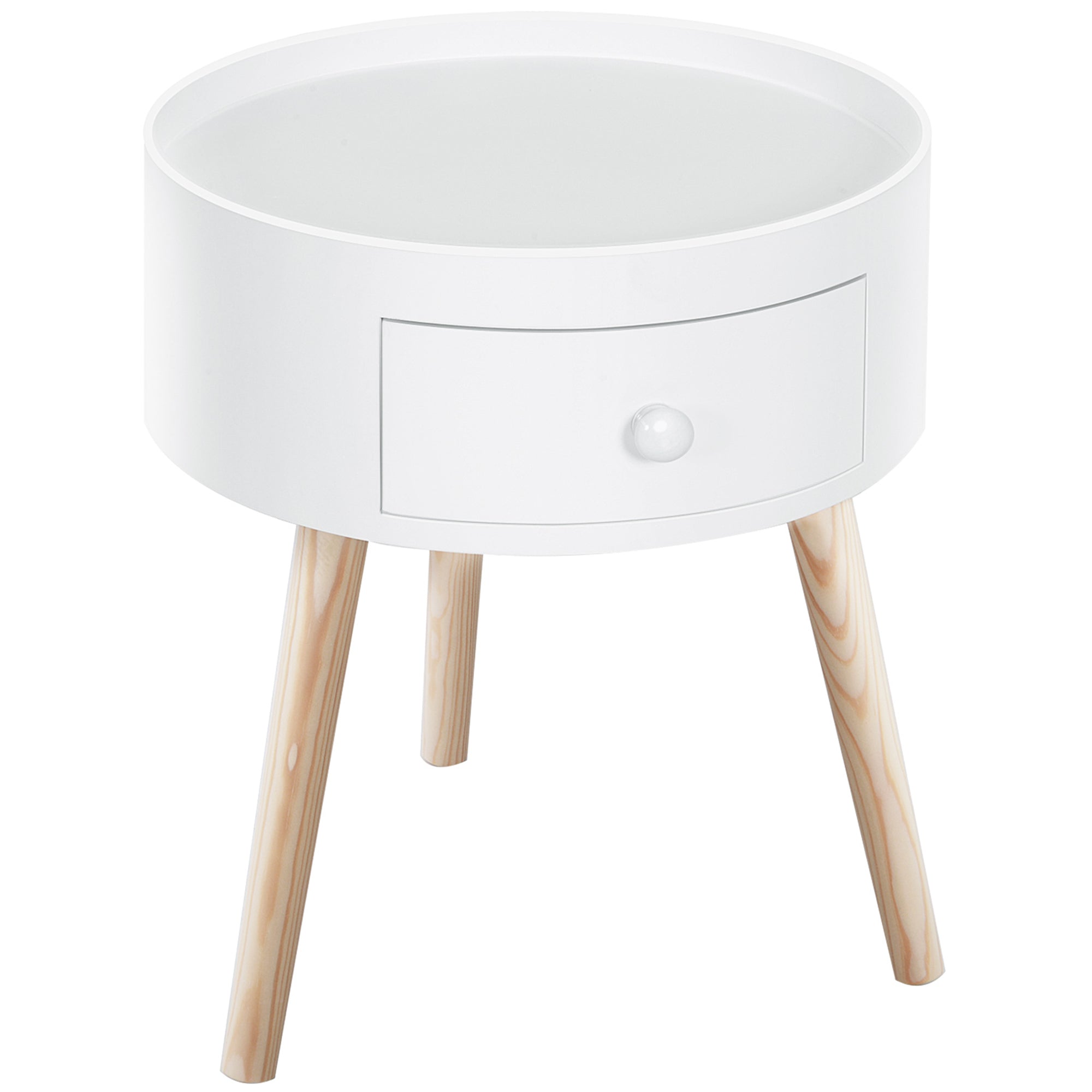 HOMCOM Modern Side Table, Small Coffee Table, Round Bedside Table with Drawer and Wood Legs for Living Room, Bedroom, White 