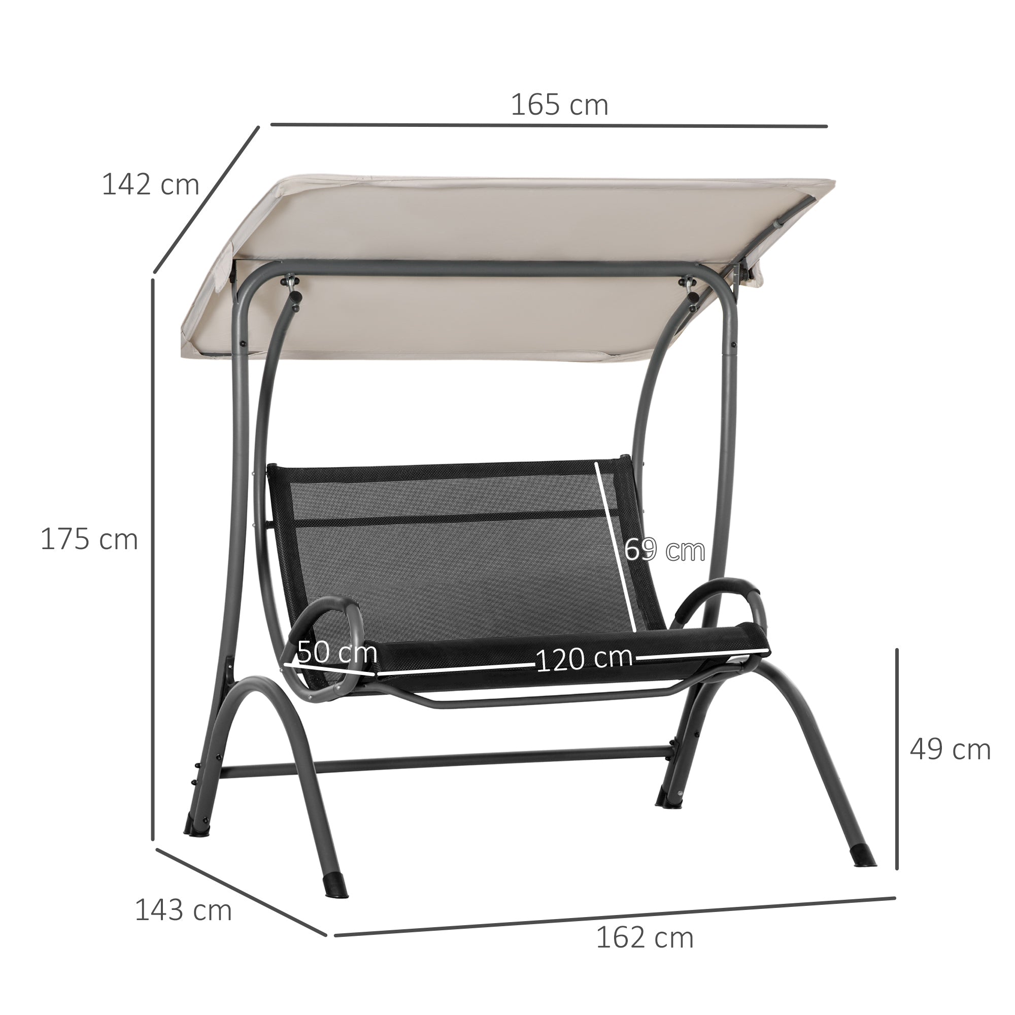 Outsunny 2 Seater Garden Swing Seat Double Bed Swing Chair Outdoor Hammock Bench w/ Adjustable Tilting Canopy, Texteline Seats and Steel Frame, Beige 