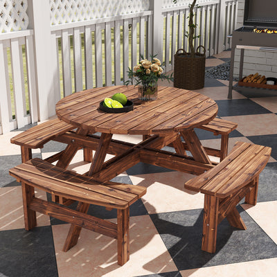 Outsunny Wooden Garden Dining Set, 8 Seater Patio Furniture Set with Round Picnic Table, Parasol Hole for Outdoor Garden, Tan 