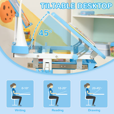 HOMCOM Kids Study Desk and Chair Set w/ Adjustable Height, Storage, Drawer, Blue 