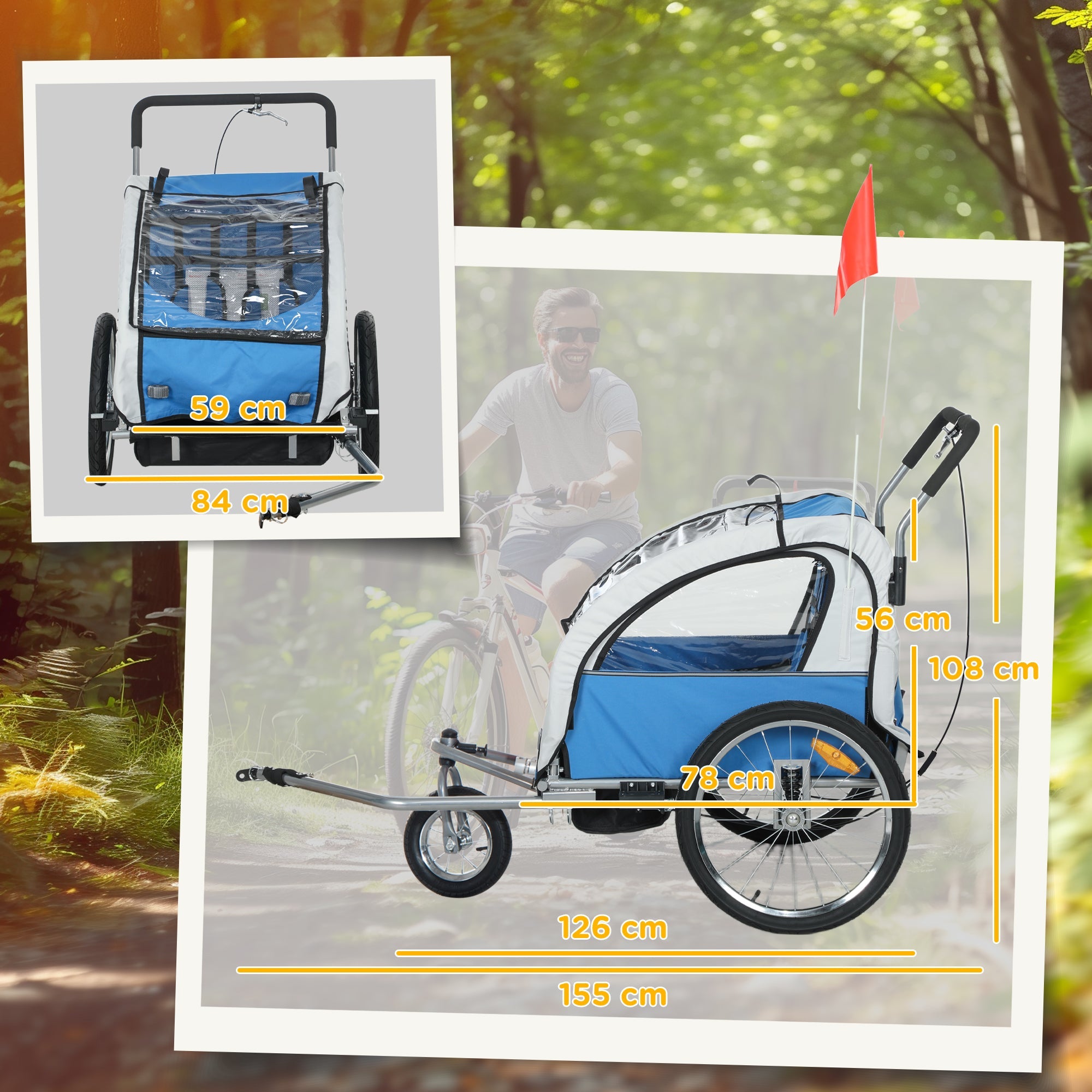 HOMCOM 2 Seat Bike Trailer with 5 Point Harness, Baby Bike Stroller with Safety Flag, Reflectors, for 18+ Months, Blue 