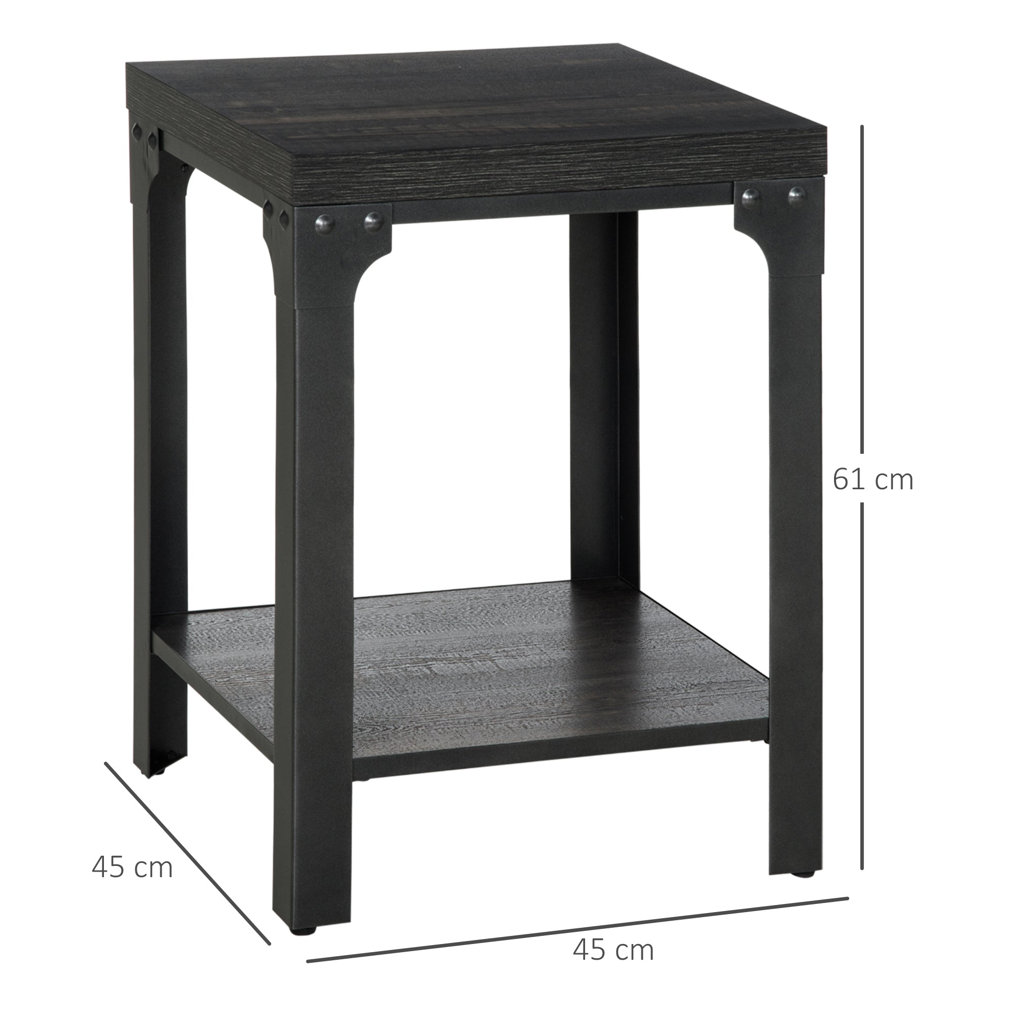 HOMCOM Industrial Side Table Set of 2 with Storage Shelf, Bedside Tables with Steel Frame and Thickened Top, Living Room Bedroom, Dark Walnut 