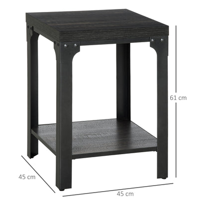 HOMCOM Industrial Side Table Set of 2 with Storage Shelf, Bedside Tables with Steel Frame and Thickened Top, Living Room Bedroom, Dark Walnut 