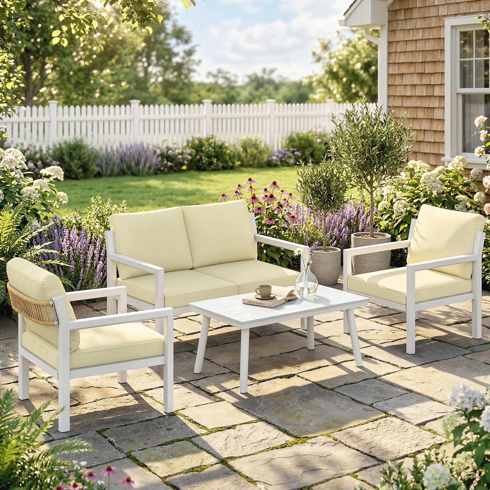 Outsunny 4 Seater Rattan Garden Furniture Set with 2 Armchairs, Loveseat, Coffee Table, Garden Sofa Set with Cushions, Brown 