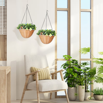 HOMCOM Pack of 2 Faux Plant Artificial Lisianthus Flowers, Hanging Planters with Basket, PE Leaves, 18 Flowers and 3 Pinecones, Decorative Faux Plants for Home Office Decor, Green 