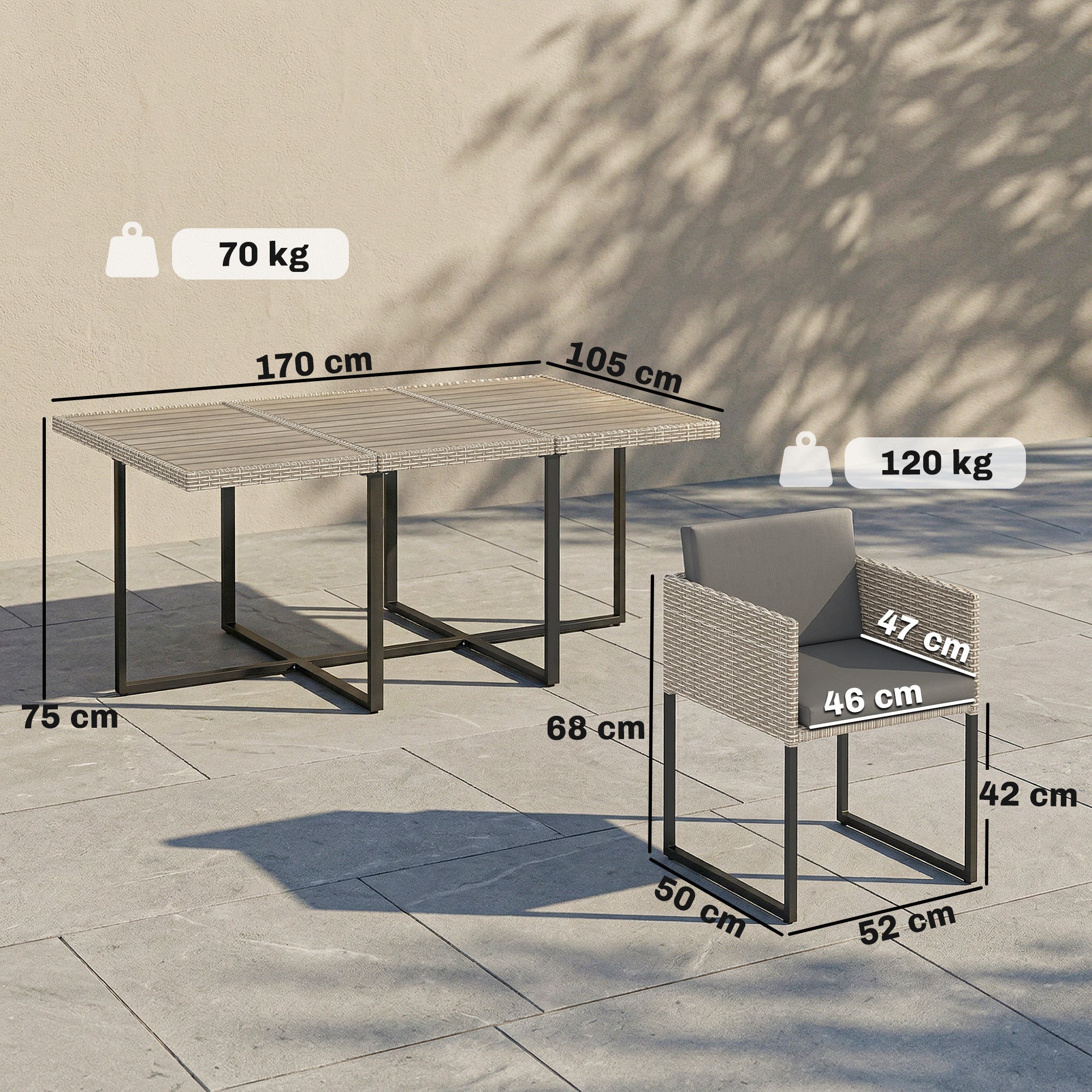 Outsunny 7 Piece Rattan Garden Furniture Set, Garden Dining Set with Wood-Plastic Table and 6 Stackable Chairs, Light Grey 