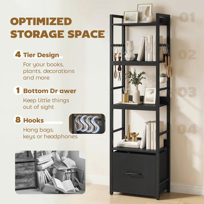 HOMCOM 4-Tier Bookshelf, Narrow Bookcase with Drawer, 8 Hooks, Metal Frame, Black 