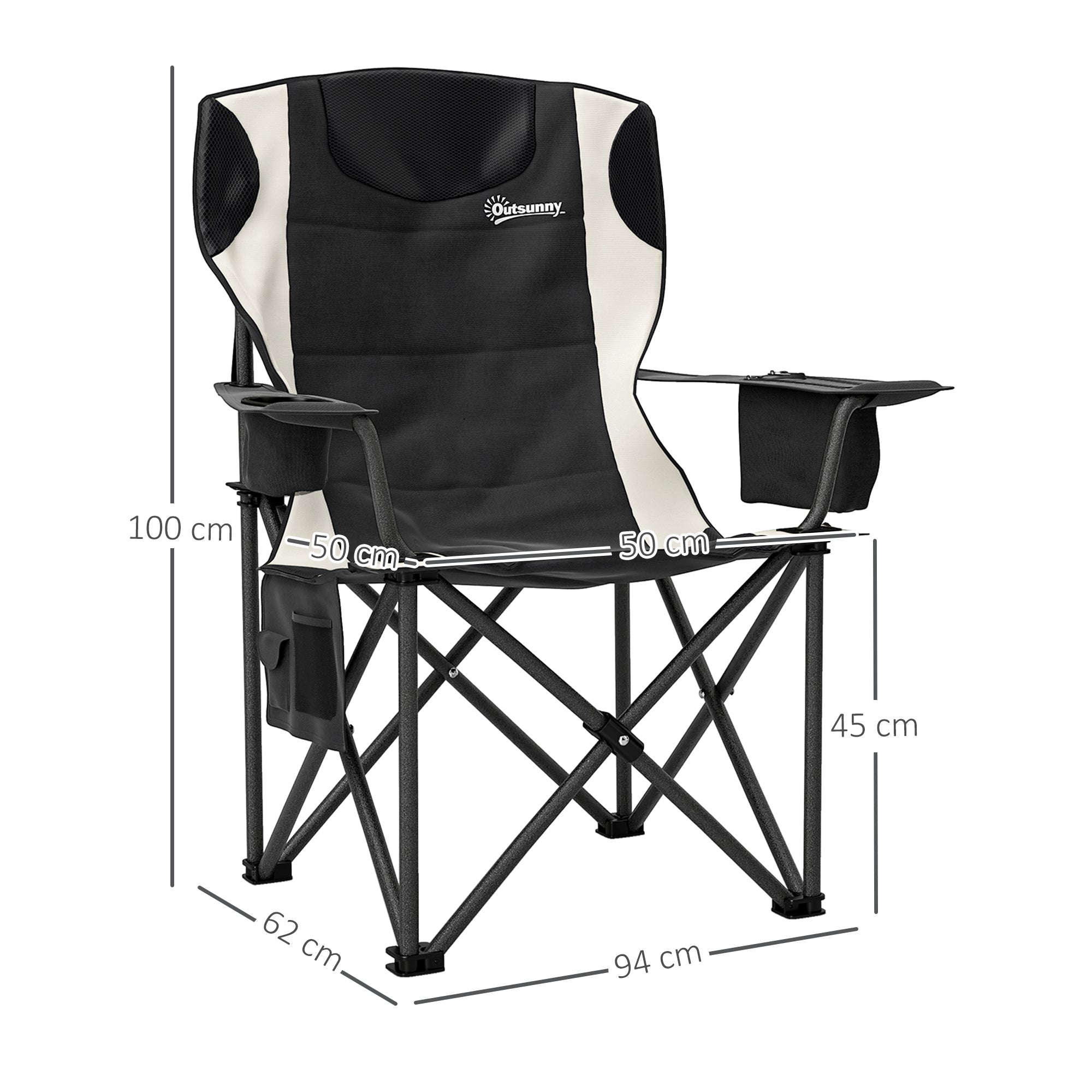 Outsunny Set of 2 Folding Camping Chairs, Padded Camping Chairs with Adjustable Armrests, Portable & Lightweight Folding Camp Chair with Cooler Bag, Cup Holder and Side Pockets, Black 