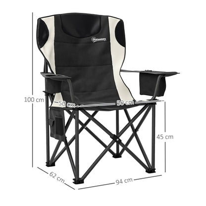 Outsunny Set of 2 Folding Camping Chairs, Padded Camping Chairs with Adjustable Armrests, Portable & Lightweight Folding Camp Chair with Cooler Bag, Cup Holder and Side Pockets, Black 