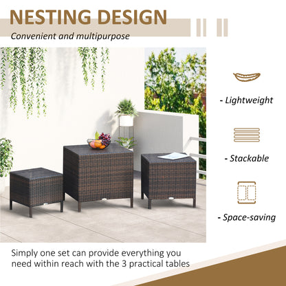 Outsunny 3 Pcs Rattan Nesting Tables Set-Brown 