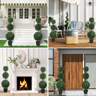 HOMCOM Set of 2 Decorative Artificial Plants, Topiary Ball-shaped Boxwood Trees in Pot, Fake Plants for Home Indoor outdoor Decor, 100cm, Green 