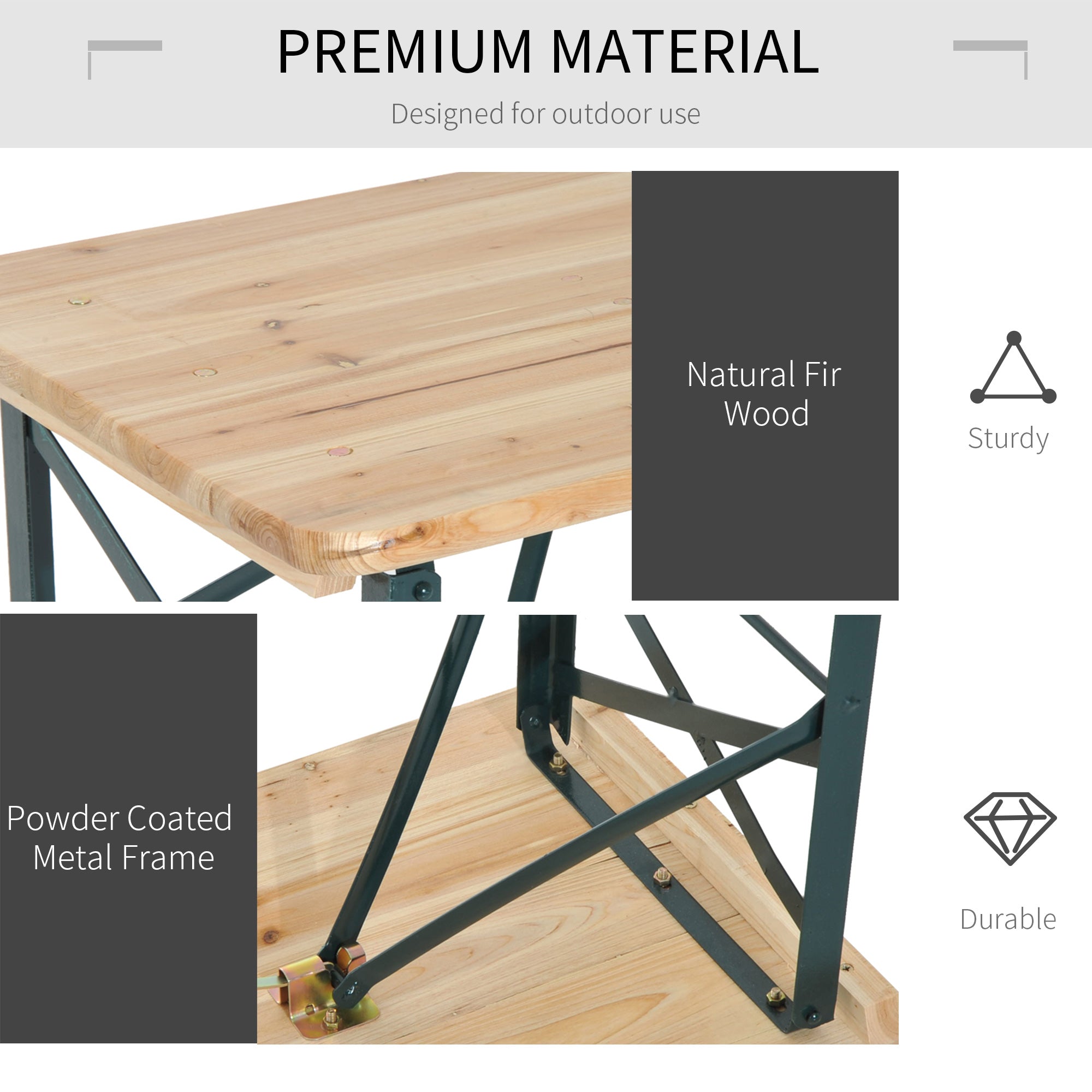 Outsunny Portable Folding Camping Picnic Trestle Beer Table and 2 Bench Set Wooden Garden Furniture Patio Dining Party BBQ Chairs Stools 
