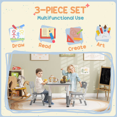 AIYAPLAY Height Adjustable Toddler Table and Chair Set, 3 Pcs Children Activity Table w/ 2 Chairs, for Playroom, Bedroom - Grey 